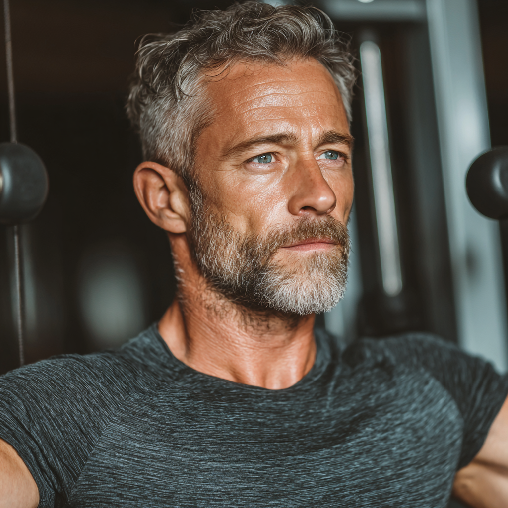 Confident mature adult in their 40s performing a functional exercise in a well-equipped fitness facility, demonstrating proper form and strength while working with resistance equipment