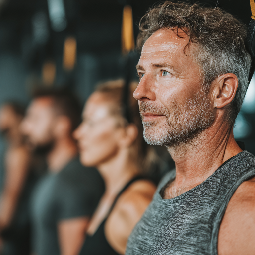 Group of mature adults aged 40-55 engaged in functional fitness training together in a modern gym, showing diverse people working out with resistance bands and bodyweight exercises